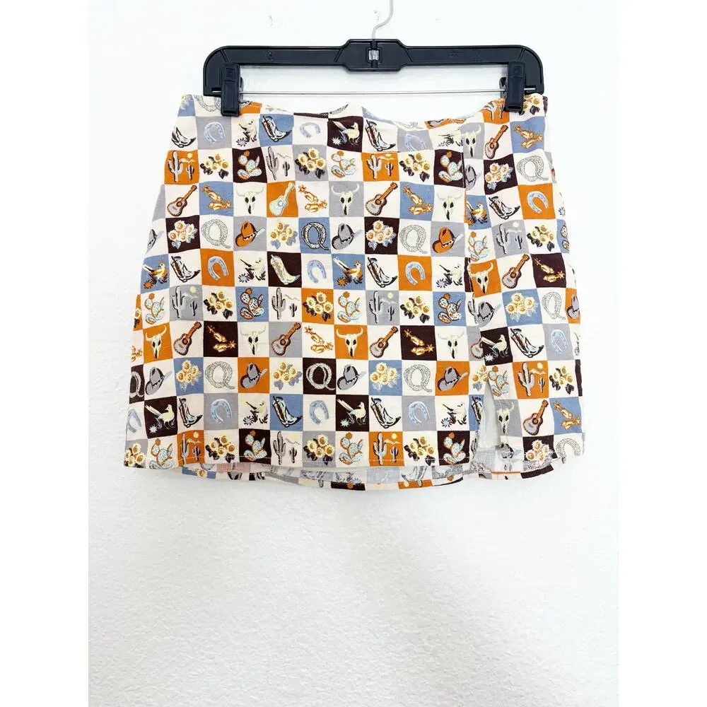 NWT Urban Outfitters Western Cowboy Mini Skirt Large Brown Blue Festival Boho